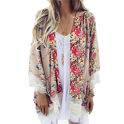 Sondereu Blumen Kimono Chiffon, Cardigan Damen Flora Blumenblus Quasten Stoloen Mantel Jacke mit Schal Casual Lose Sommer (L) von Sondereu