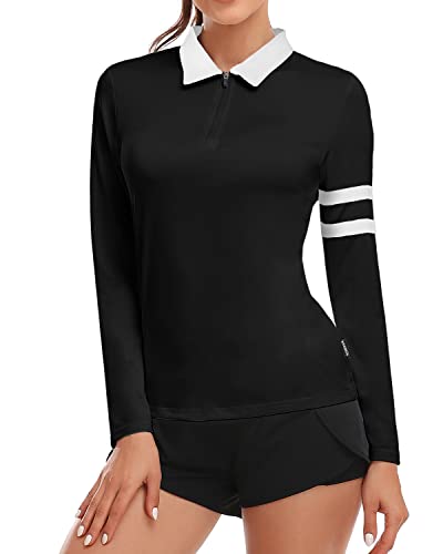 Soneven 1/4 Reißverschluss Golf Poloshirt Damen Langarm Schwarz Polohemd Sport Polo Langarmshirt Damen Sportshirt mit Kragen für Wandern Golf Angeln 38 von Soneven