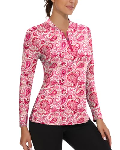 Soneven 1/4 Zip V Ausschnitt Langarmshirt Damen Sport Oberteile Damen Langarm T Shirts Wandershirt Damen Atmungsaktiv Rosa-Druck L von Soneven