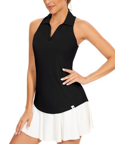 Soneven Ärmellos Poloshirt Damen Sport Polohemd V Ausschnitt Funktionsshirt Tshirts Tank Top Gerippt Atmungsaktiv Schnelltrocknend für Golf Tennis[Schwarz, von Soneven