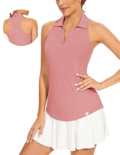 Soneven Ärmellos Poloshirt Damen Sport Polohemd V Ausschnitt Funktionsshirt Tshirts Tank Top Gerippt Atmungsaktiv Schnelltrocknend für Golf Tennis[Rosa, XL] von Soneven