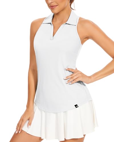 Soneven Ärmellos Poloshirt Damen Sport Polohemd V Ausschnitt Funktionsshirt Tshirts Tank Top Gerippt Atmungsaktiv Schnelltrocknend für Golf Tennis[Weiß, von Soneven