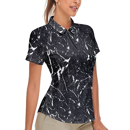 Soneven Poloshirt Damen Schwarz Kurzarm Atmungsaktiv Slim Fit Polo UPF 50+ 1/4 Reißverschluss für Golf Outdoor Sport Sommer Tennis(schwarzer Druck, L) von Soneven