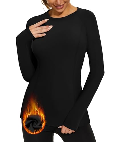 Soneven Basic Langarmshirt Damen Thermo Oberteil Damen Unterhemden Warm Funktionsshirt Langarm Fleece Pullover Thermoshirt Gerippt Schwarz XXL von Soneven