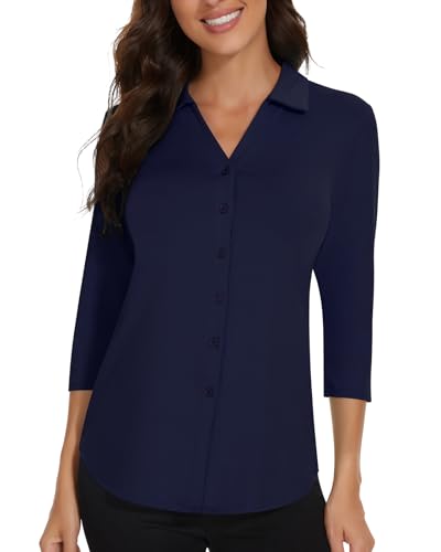 Soneven Bluse Damen Elegant Blusenshirt Damen mit V-Ausschnitt Poloshirt Langarm Golf Polo Business Oufit Hemdbluse Oberteil Dunkel Blau XS von Soneven