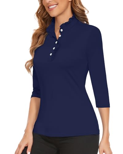Soneven Bluse Damen Elegant Hemd 3/4 Ärmel Golf Poloshirt Damen Langarm Lady Office Hemdbluse Sommer Rüschen Stehkragen Oberteile Dunkel Blau M von Soneven