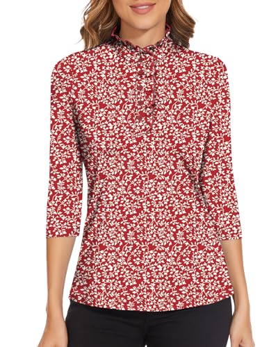 Soneven Bluse Damen Elegant Hemd 3/4 Ärmel Golf Poloshirt Damen Langarm Lady Office Hemdbluse Sommer Rüschen Stehkragen Oberteile Rote Blätter XXL von Soneven