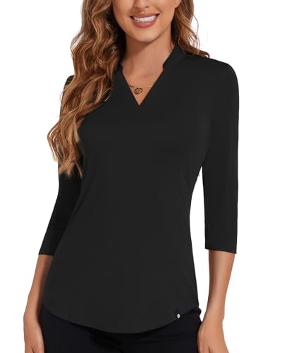 Soneven Bluse Damen Elegant Oberteile Sommer Blusenshirt V-Ausschnitt T Shirt Hemdbluse3/4 Ärmel Lässig Tunika Hemd V-Schwarz XL von Soneven