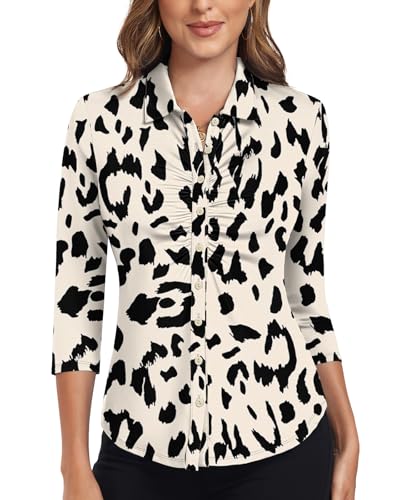 Soneven Bluse Damen Elegant Shirt 3/4 Arm Hemdbluse Ruched Front Poloshirts Golf Polo Shirt Damen Business Outfit Blusenshirt Lady Oberteile Leopardenmuster XXL von Soneven