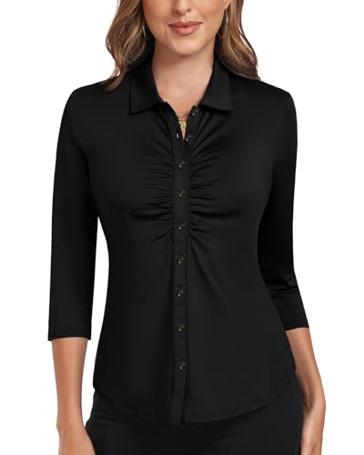 Soneven Bluse Damen Elegant Shirt 3/4 Arm Hemdbluse Ruched Front Poloshirts Golf Polo Shirt Damen Business Outfit Blusenshirt Lady Oberteile Reines Schwarz S von Soneven