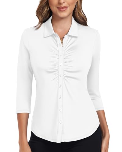 Soneven Bluse Damen Elegant Shirt 3/4 Arm Hemdbluse Ruched Front Poloshirts Golf Polo Shirt Damen Business Outfit Blusenshirt Lady Oberteile Weiß XXL von Soneven