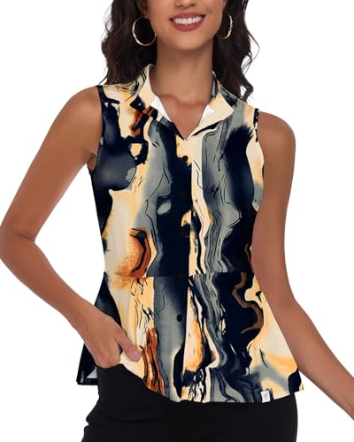 Soneven Bluse Damen Elegant Steh-Kragen Peplum Blouse Ärmellos Poloshirt Golf Polo Tank Top Sommer Oberteil Atmungsaktiv Hemdbluse Crack-Druck L von Soneven