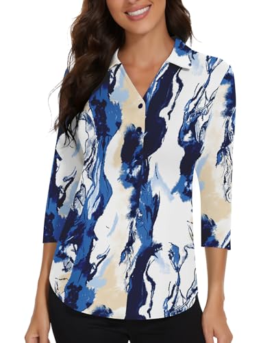 Soneven Blusen Damen Elegant V-Ausschnitt Poloshirts Damen Blusenshirt Golf Polo Langarm Shirt Business Hemdbluse Oberteil Blau-weißer Crackle-Druck L von Soneven