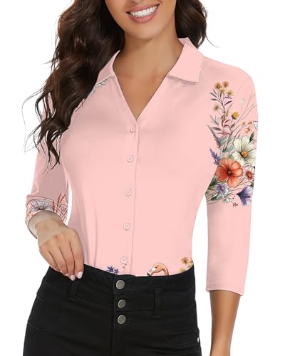 Soneven Blusen Damen Elegant V-Ausschnitt Poloshirts Damen Blusenshirt Golf Polo Langarm Shirt Business Hemdbluse Oberteil Flamingo in den Blumen L von Soneven