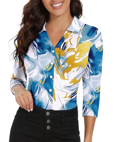 Soneven Blusen Damen Elegant V-Ausschnitt Poloshirts Damen Blusenshirt Golf Polo Langarm Shirt Business Hemdbluse Oberteil Flüssiger Blues XL von Soneven
