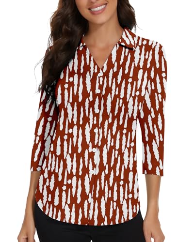 Soneven Blusen Damen Elegant V-Ausschnitt Poloshirts Damen Blusenshirt Golf Polo Langarm Shirt Business Hemdbluse Oberteil Weiß-braune Geometrie XL von Soneven