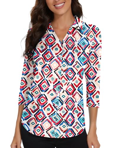 Soneven Blusen Damen Elegant V-Ausschnitt Poloshirts Damen Blusenshirt Langarm Shirt Business Hemdbluse Oberteil Aprikosen-Rautenmuster L von Soneven