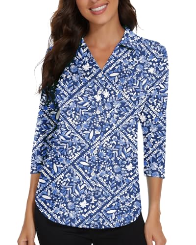 Soneven Blusen Damen Elegant V-Ausschnitt Poloshirts Damen Blusenshirt Langarm Shirt Business Hemdbluse Oberteil Blumenmuster L von Soneven