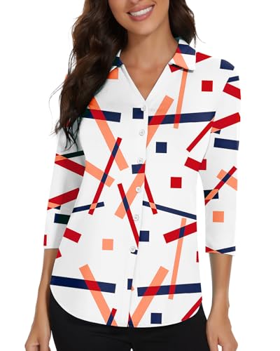 Soneven Blusen Damen Elegant V-Ausschnitt Poloshirts Damen Blusenshirt Langarm Shirt Business Hemdbluse Oberteil Rot-blaues Geometrie S von Soneven