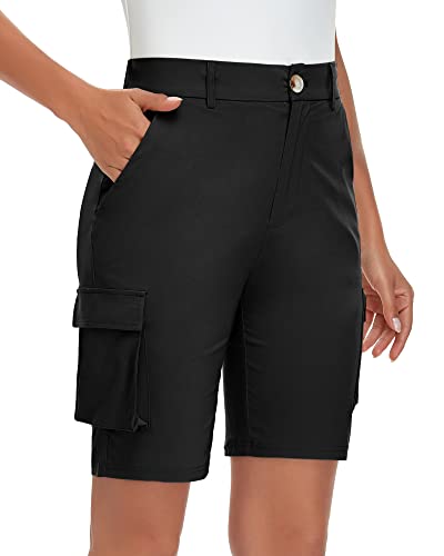 Soneven Cargo Shorts Damen Bis Zum Knie Bermuda Shorts Baumwolle Lässige Sport Leicht mit Knopfleiste, Elastisch Bund(Schwarz, L) von Soneven