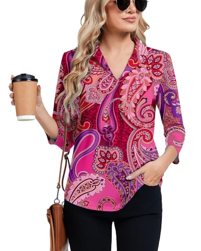Soneven Damen Bluse Elegant 3/4 Arm Locker Tunika Shirt mit Kragen V-Ausschnitt Oberteil Stretch Hemdbluse Tops Lässiges Blusen(Cashewblüte, M) von Soneven