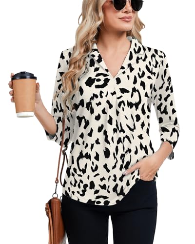 Soneven Damen Bluse Elegant 3/4 Arm Locker Tunika Shirt mit Kragen V-Ausschnitt Oberteil Stretch Hemdbluse Tops Lässiges Blusen(Leopard, L) von Soneven