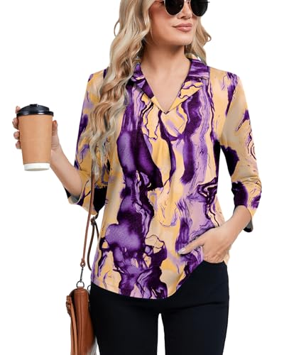 Soneven Damen Bluse Elegant 3/4 Arm Locker Tunika Shirt mit Kragen V-Ausschnitt Oberteil Stretch Hemdbluse Tops Lässiges Blusen(Lila + Gelb, L) von Soneven
