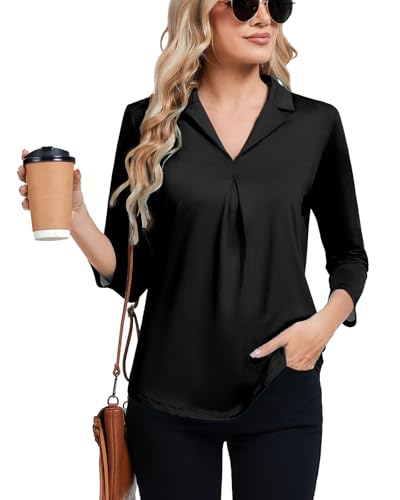 Soneven Damen Bluse Elegant 3/4 Arm Locker Tunika Shirt mit Kragen V-Ausschnitt Oberteil Stretch Hemdbluse Tops Lässiges Blusen(Schwarz, L) von Soneven