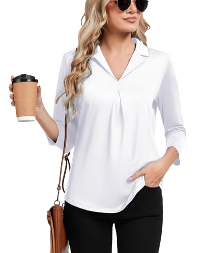 Soneven Damen Bluse Elegant 3/4 Arm Locker Tunika Shirt mit Kragen V-Ausschnitt Oberteil Stretch Hemdbluse Tops Lässiges Blusen(Weiß, XL) von Soneven