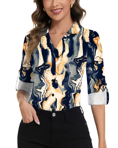 Soneven Damen Blusen Elegant Langarm 3/4 Arm Shirt Longbluse Kragen Poloshirt Krempelärmel Slim Fit Lässig Oberteile Anti-Falten Dehnbar von Soneven