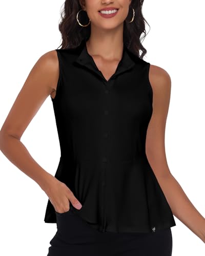Soneven Damen Blusen Elegant Bluseshirt Ärmellos Poloshirt Golf Shirt Sport Tank Top Sommer Oberteil Atmungsaktiv Peplum Hemdbluse Schwarz S von Soneven