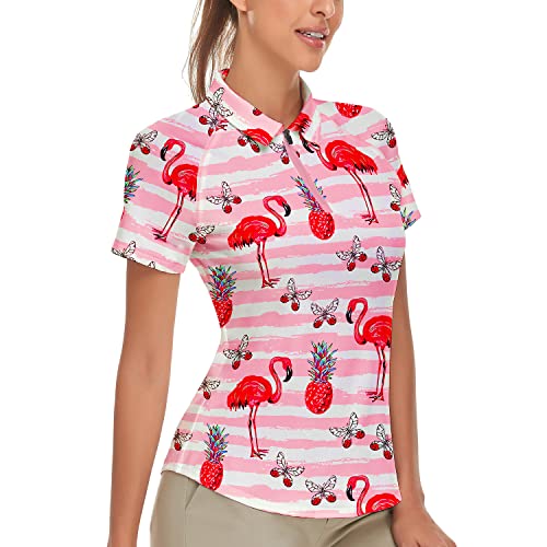 Soneven Damen Langarm Golf Poloshirts Feuchtigkeitstransport Schnell Trocknen Half Zip Pullover Athletic Workout Gestreifte Tops, D-pink Flamingo 2, XX-Large von Soneven