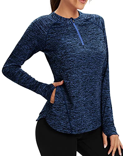 Soneven Damen Laufshirt Langarm Funktionsshirt Langarmshirt Sport t Shirts Damen Fitness Trainingsshirt 1/4 Zip Wandershirt Damen Atmungsaktiv mit Daumenloch und Tasche Blau L von Soneven