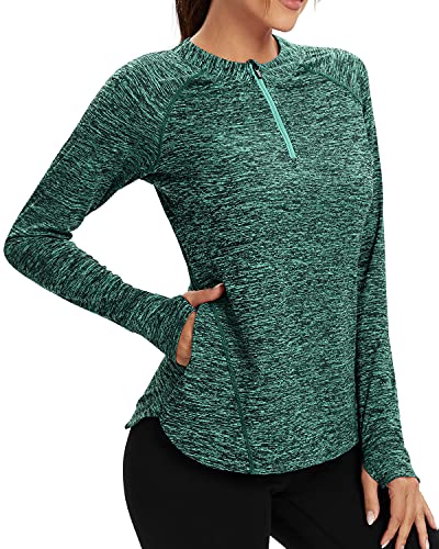 Soneven Damen Laufshirt Langarm Funktionsshirt Langarmshirt Sport t Shirts Damen Fitness Trainingsshirt 1/4 Zip Wandershirt Damen Atmungsaktiv mit Daumenloch und Tasche Grün XXL von Soneven