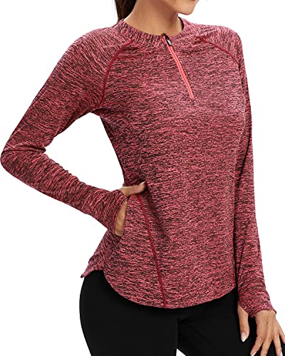 Soneven Damen Laufshirt Langarm Funktionsshirt Wandershirt Damen Atmungsaktiv Langarmshirt Sport t Shirts Damen Fitness Trainingsshirt 1/4 Zip mit Daumenloch und Tasche Rot L von Soneven