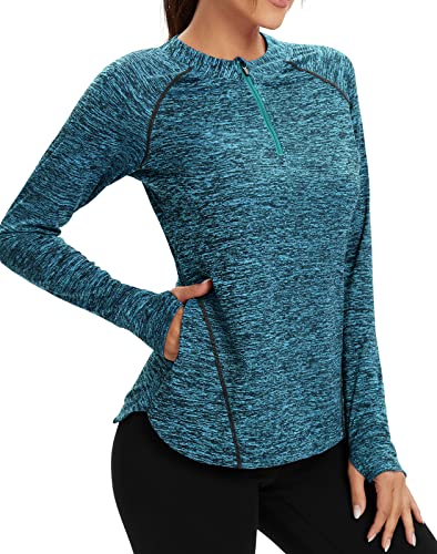 Soneven Damen Laufshirt Langarm Funktionsshirt Langarmshirt Sport t Shirts Damen Fitness Trainingsshirt 1/4 Zip Wandershirt Damen Atmungsaktiv mit Daumenloch und Tasche Smaragd L von Soneven