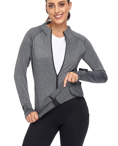 Soneven Damen Laufshirt Langarm Funktionsshirt Langarmshirt Sport t Shirts Damen Fitness Trainingsshirt Full Zip Wandershirt Damen Atmungsaktiv mit Daumenloch und Tasche Grau L von Soneven