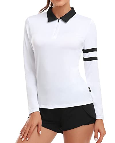 Soneven Damen Poloshirt Langarm Sportshirt Damen Atmungsaktiv Laufshirt Langarm Damen Funktionsshirt 1/4 Reißverschluss Langarmshirt Damen Weiß XS von Soneven