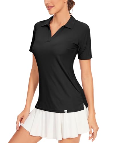 Soneven Damen Poloshirt V Ausschnitt Kurzarm Polohemd Sport Tshirts Gerippt Atmungsaktiv Schnelltrocknend Funktionsshirt für Golf Tennis[Schwarz, von Soneven