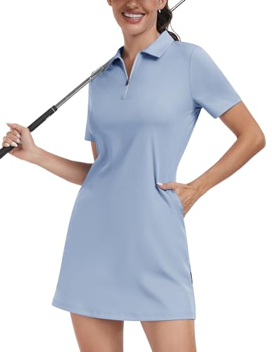 Soneven Damen Tenniskleid mit Hose 1/4 Zip Tennis Kleidung Set Kurzarm Sportkleider Sommerkleid Golfkleid Für Sport Tennis Baseball,Blau,XXL von Soneven