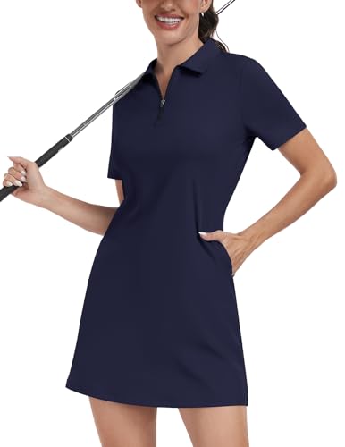 Soneven Damen Tenniskleid mit Hose 1/4 Zip Tennis Kleidung Set Kurzarm Sportkleider Sommerkleid Golfkleid Für Sport Tennis Baseball,Dunkelblau,XXL von Soneven