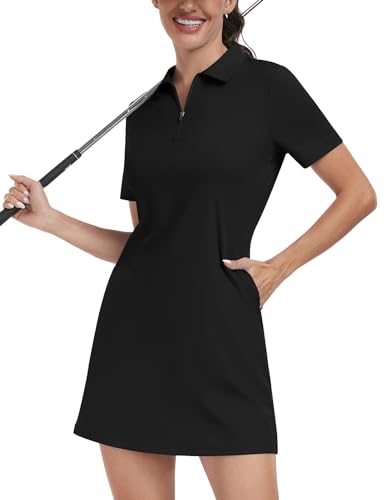 Soneven Damen Tenniskleid mit Hose 1/4 Zip Tennis Kleidung Set Kurzarm Sportkleider Sommerkleid Golfkleid Für Sport Tennis Baseball,Schwarz,L von Soneven