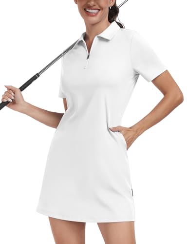 Soneven Damen Tenniskleid mit Hose 1/4 Zip Tennis Kleidung Set Kurzarm Sportkleider Sommerkleid Golfkleid Für Sport Tennis Baseball,Weiß,L von Soneven