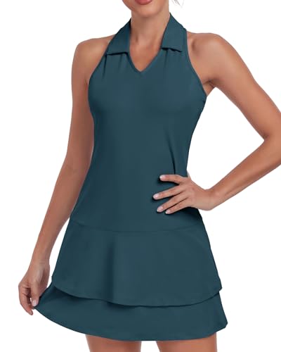 Soneven Damen Tenniskleid mit Hose Ärmellos 1/4 Zip Tennis Kleidung Set Sportkleider Sommerkleid Golfkleid Für Sport Tennis Baseball,Grün,XL von Soneven