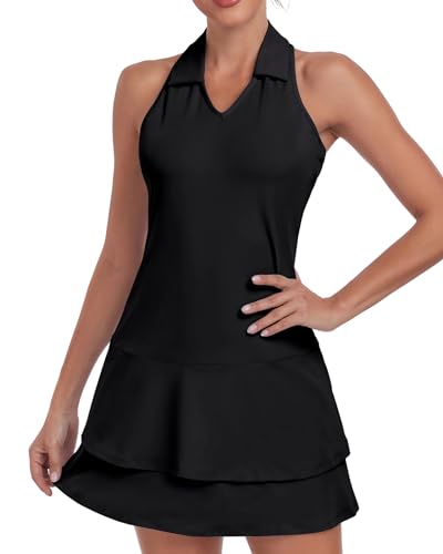 Soneven Damen Tenniskleid mit Hose Ärmellos 1/4 Zip Tennis Kleidung Set Sportkleider Sommerkleid Golfkleid Für Sport Tennis Baseball,Schwarz,M von Soneven