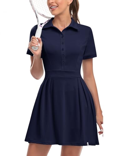 Soneven Damen Tenniskleid mit Hose Tennis Kleidung Set Ärmellos A-Linien Sportkleider Sommerkleid Golfkleid Für Sport Tennis Golf Baseball,Navy,L von Soneven