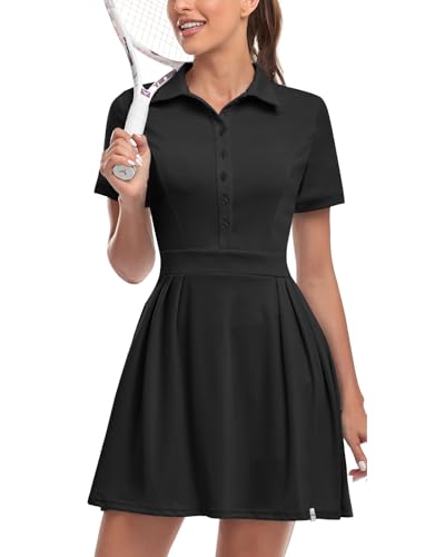 Soneven Damen Tenniskleid mit Hose Tennis Kleidung Set Ärmellos A-Linien Sportkleider Sommerkleid Golfkleid Für Sport Tennis Golf Baseball,Schwarz,M von Soneven