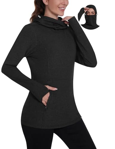 Soneven Fleece Pullover Damen Rollkragen Winter Kapuzenpullover Warm Sweatshirt Damen mit Kapuze Fleece Rolli für Damen Funktionsshirt Taschen Schwarz M von Soneven