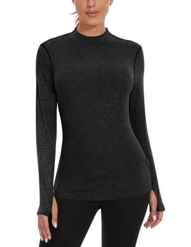 Soneven Fleece Rollkragen Pullover Damen Herbst Funktionsshirt Damen Langarm Wandern Warm Sweatshirts mit Daumenlöche Laufshirt Schwarz L von Soneven