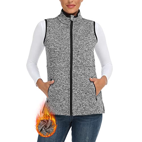 Soneven Fleece Weste Damen Outdoor Fleeceweste Warm Gefüttert Ärmellose Jacke mit Reißverschluss Tasche Standkragen Softshell-Weste Laufweste Thermoweste Strick für Wandern Winter(Grau, M) von Soneven